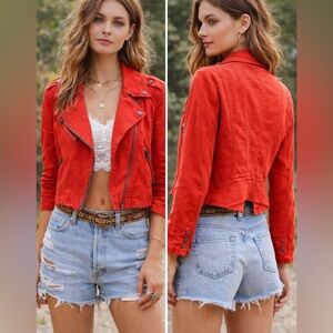 Free People Linen Moto Jacket in Fiery Red – Size 0